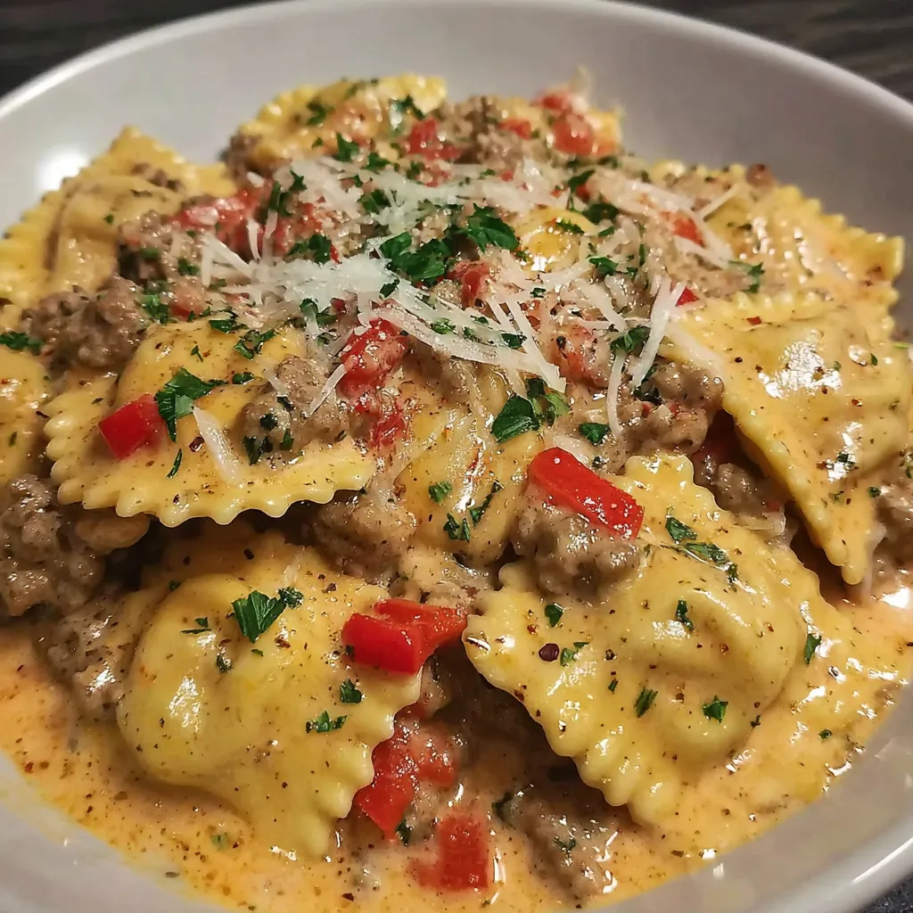 A bowl of Cajun Sausage Ravioli.
