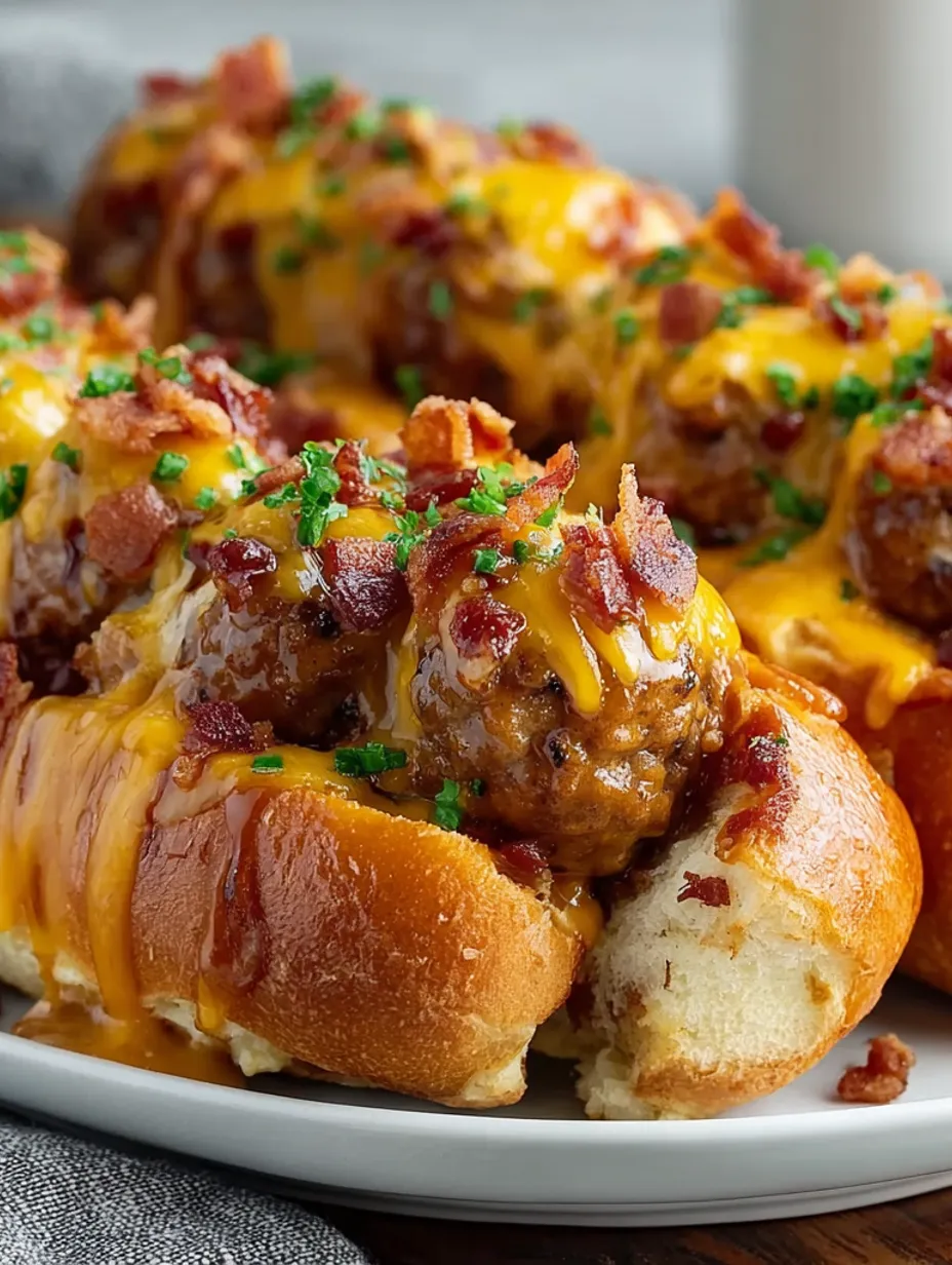 A plate of meatball subs with cheese and bacon.