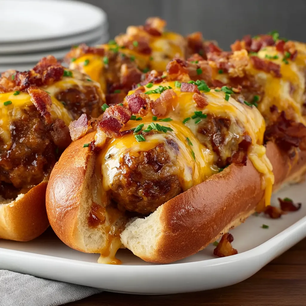 A plate of sizzling bourbon BBQ bacon cheeseburger meatball subs.
