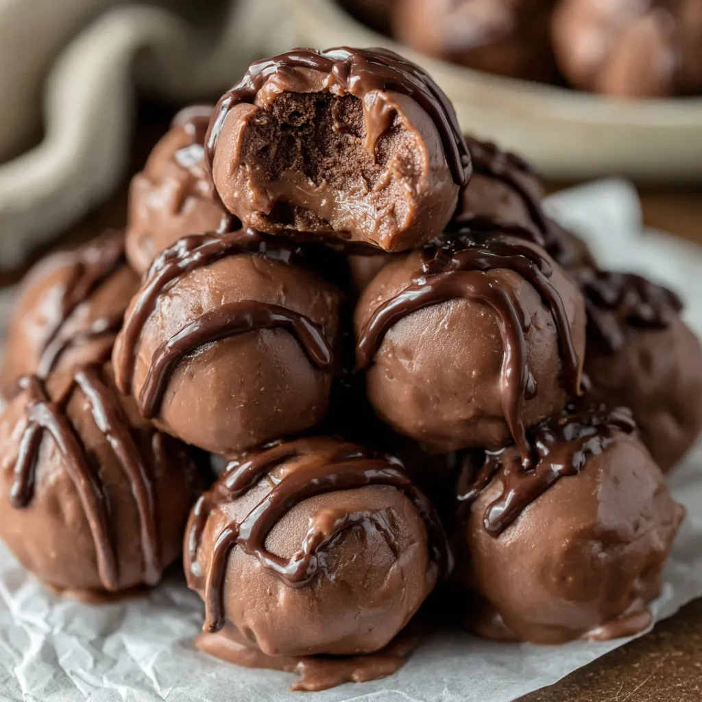 A stack of chocolate cake balls with chocolate drizzle.