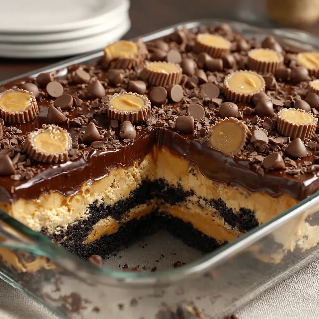 A slice of chocolate cake with peanut butter and chocolate chips.
