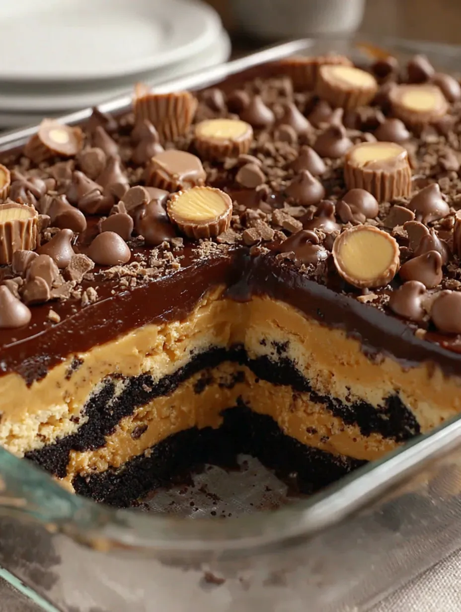 A slice of chocolate cake with peanut butter and chocolate chips.