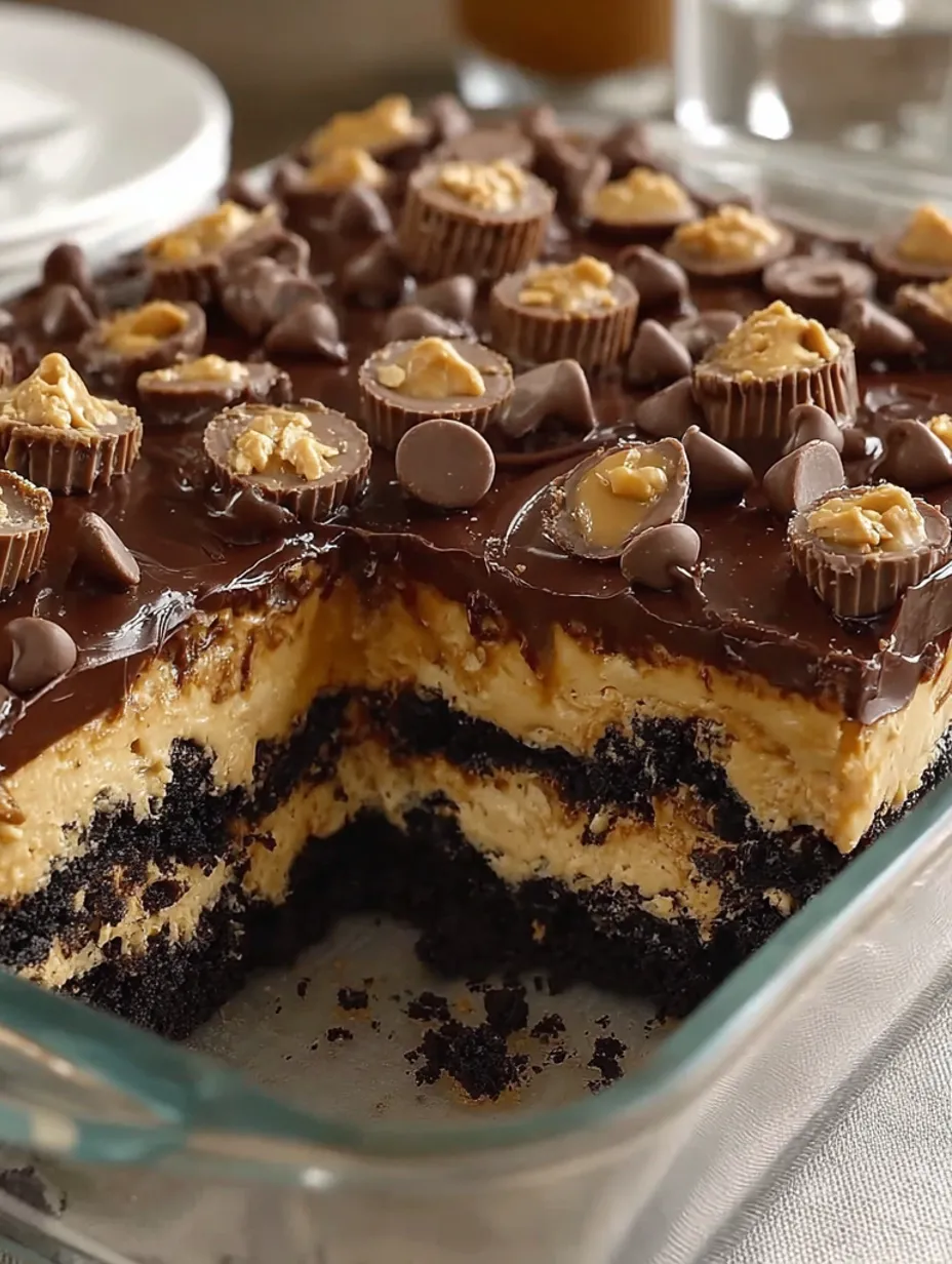 A slice of chocolate cake with peanut butter and chocolate chips.