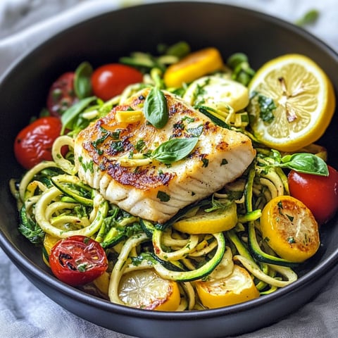 A bowl of food with fish, tomatoes, and zucchini.