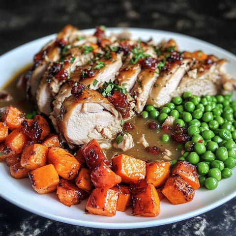 An inviting plate with roasted chicken, golden potatoes, and sweet green peas.