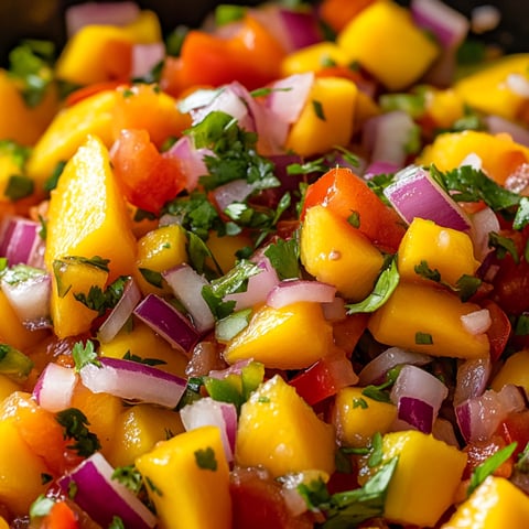 A dish of mango pico de gallo with onions and cilantro.