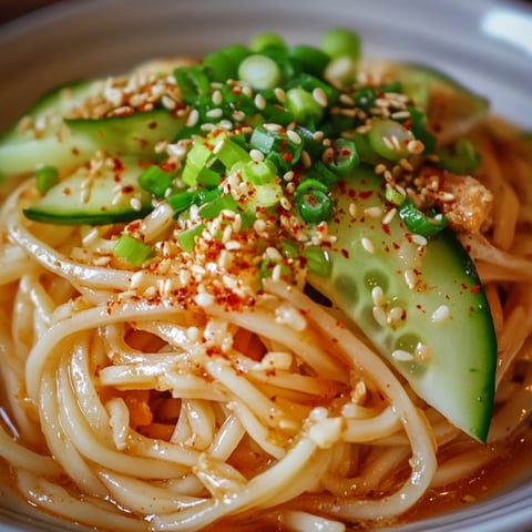 A bowl of cold sesame noodles with vegetables.
