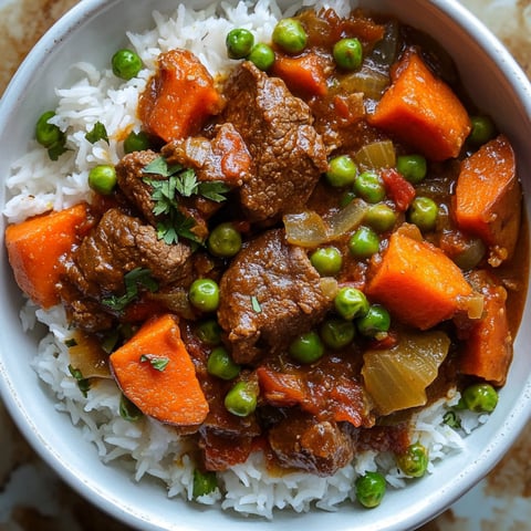 A bowl of beef stew with rice and peas.