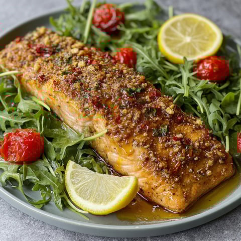 A plate of salmon with lemon and mustard.