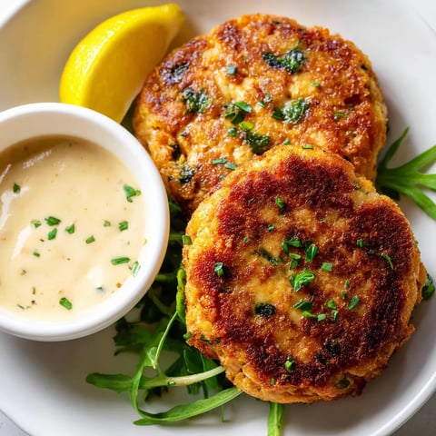 A plate of tuna patties with a lemon wedge on the side.
