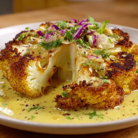 A plate of food with cauliflower steak, millet, and a creamy tahini sauce.