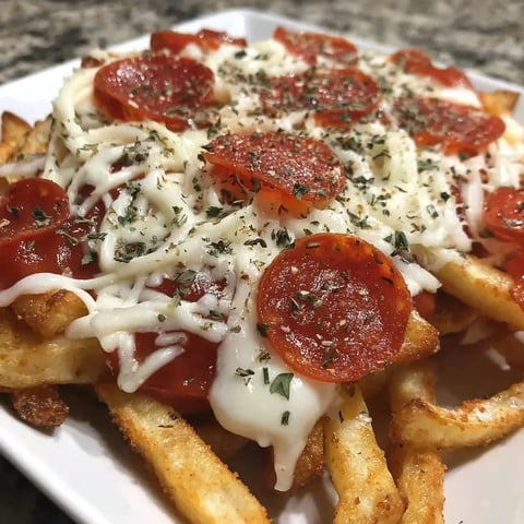A plate of pepperoni pizza fries.