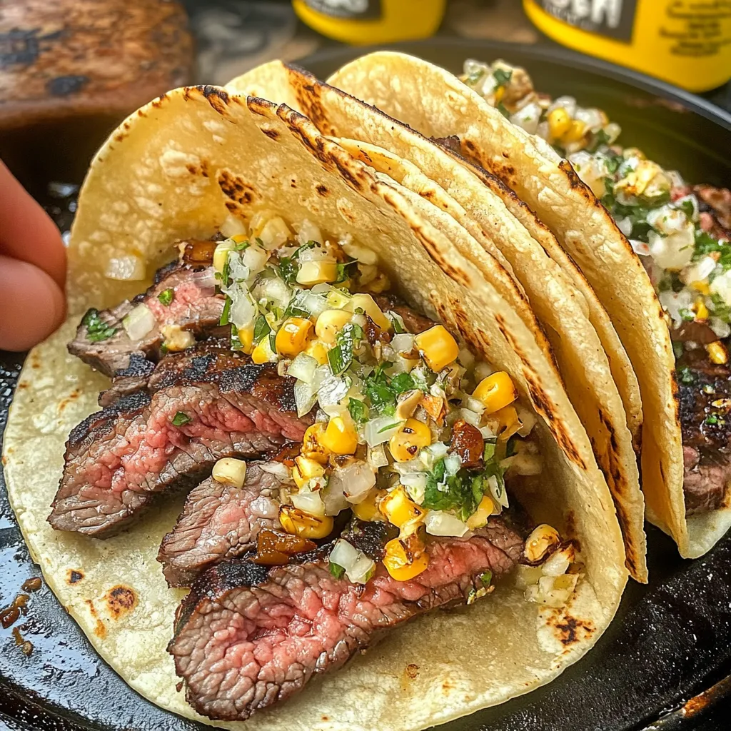 A hand holding a taco with meat and corn.