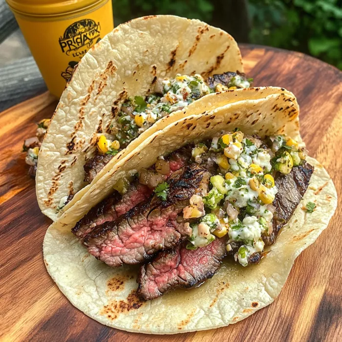 A plate of food with a steak and a tortilla.
