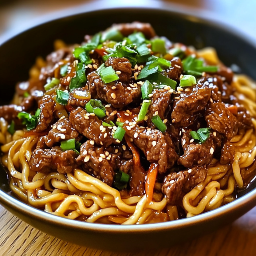 Une assiette de noodles de boeuf avec des légumes verts.