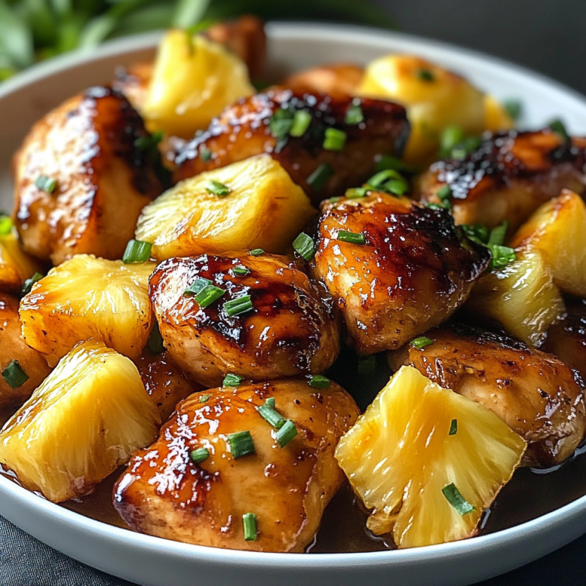 Une assiette de poulet grillé avec une sauce de maraschino et de pineapple.