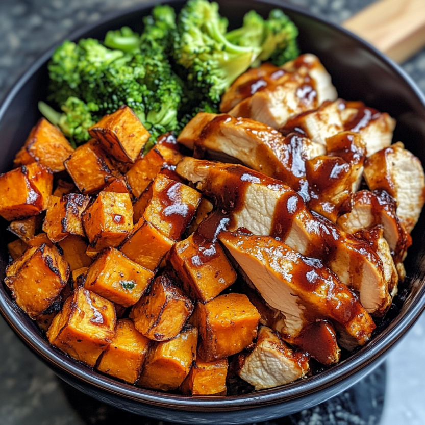 Un plat de BBQ chicken et de papas douces rôties.