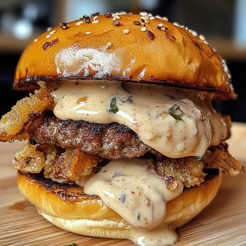 Un burger avec des frites et du baconnaise.
