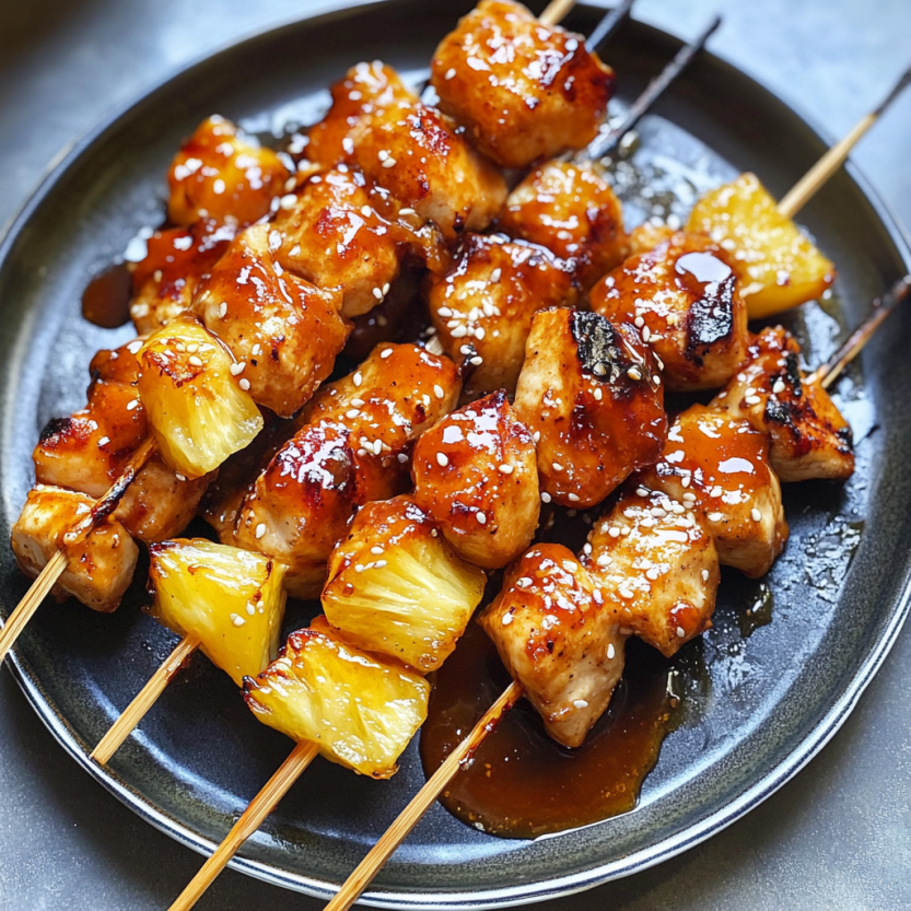 Des kabobs de poulet grillé avec des fruits de pineapple et du sauce.