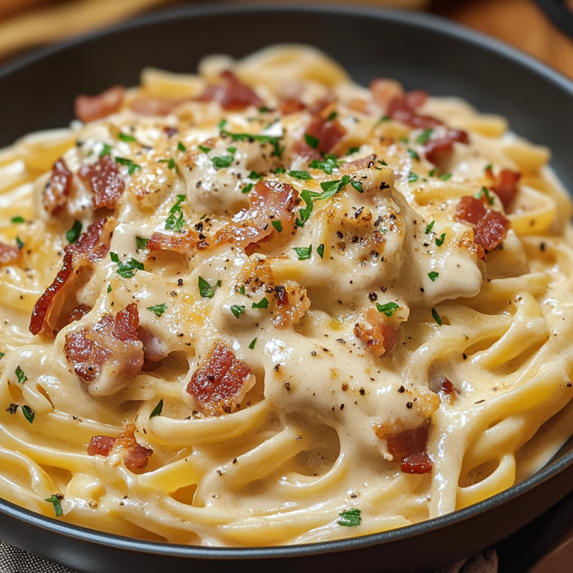 Une assiette de spaghetti bolognaise avec des bacon frits et des herbes.