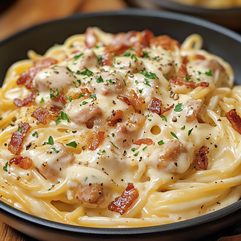 Une assiette de spaghetti avec des morceaux de bacon et une sauce cremeuse.