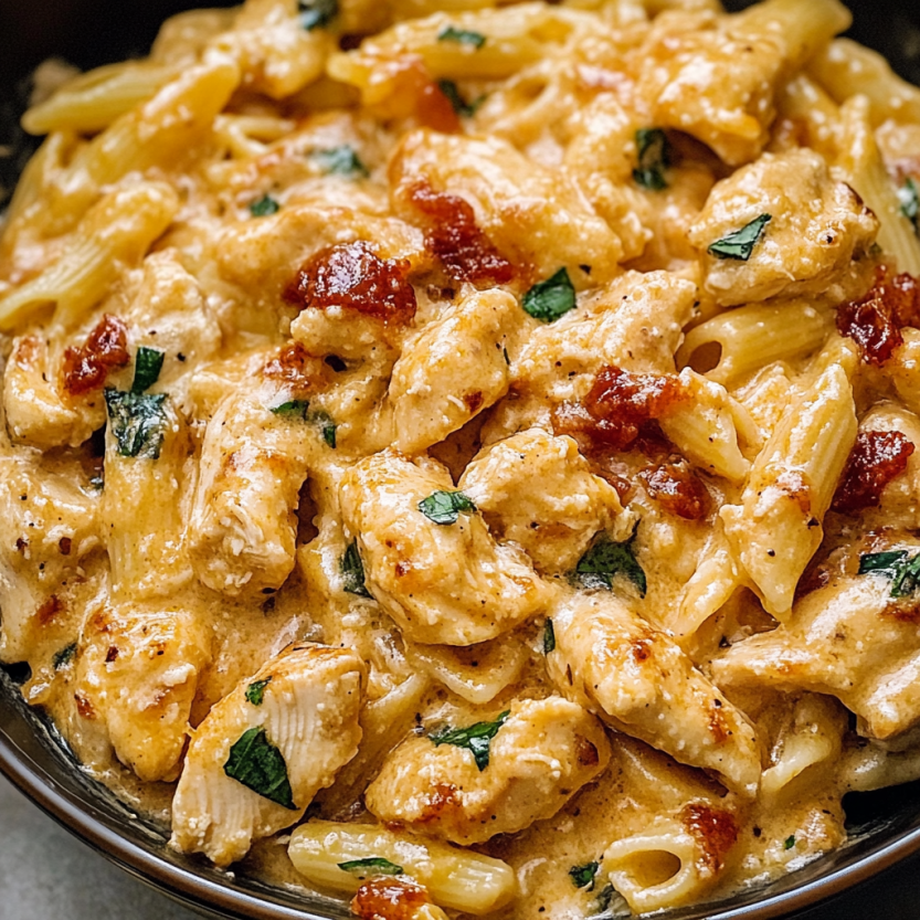 Une assiette de penne avec des morceaux de poulet et des herbes, qui semble être une recette de "Marry Me Chicken Pasta".