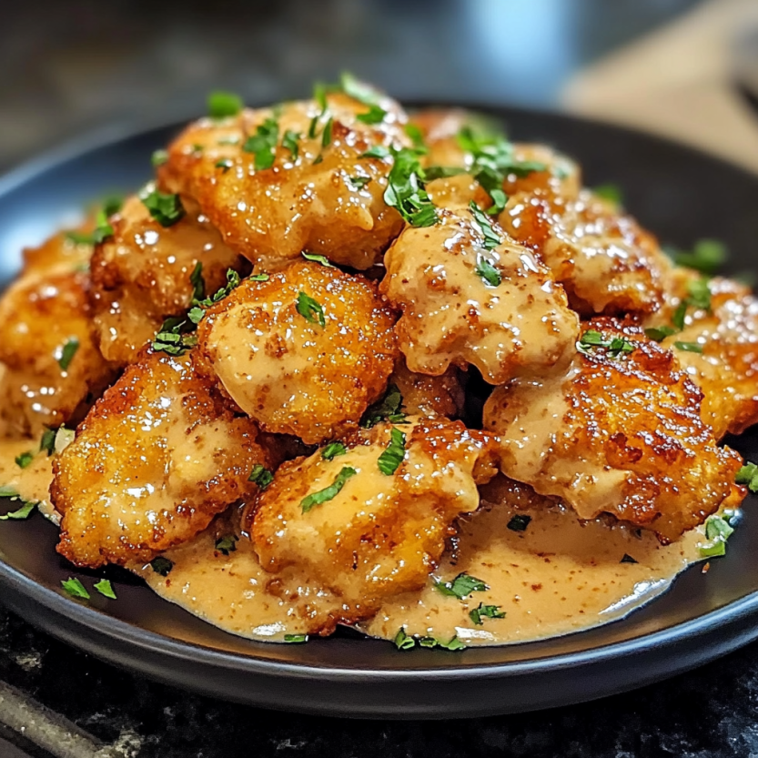 Une assiette de "Bang Bang Chicken" est servie sur une table.