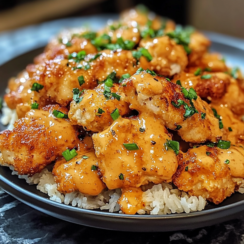 Une assiette de "Bang Bang Chicken" est servie sur un plateau.