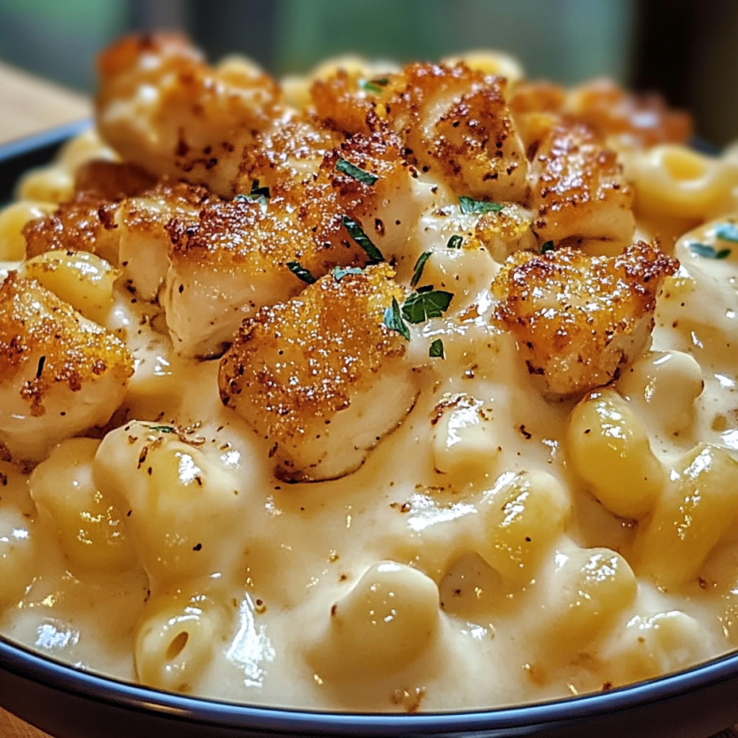 Une assiette de macaroni et de fromage avec des légumes et des chicken.