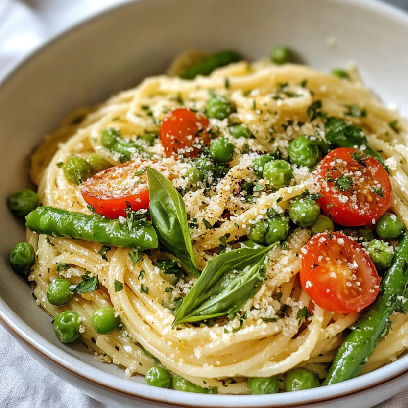 Une assiette de spaghetti avec des légumes d'avril et des herbes de citron.
