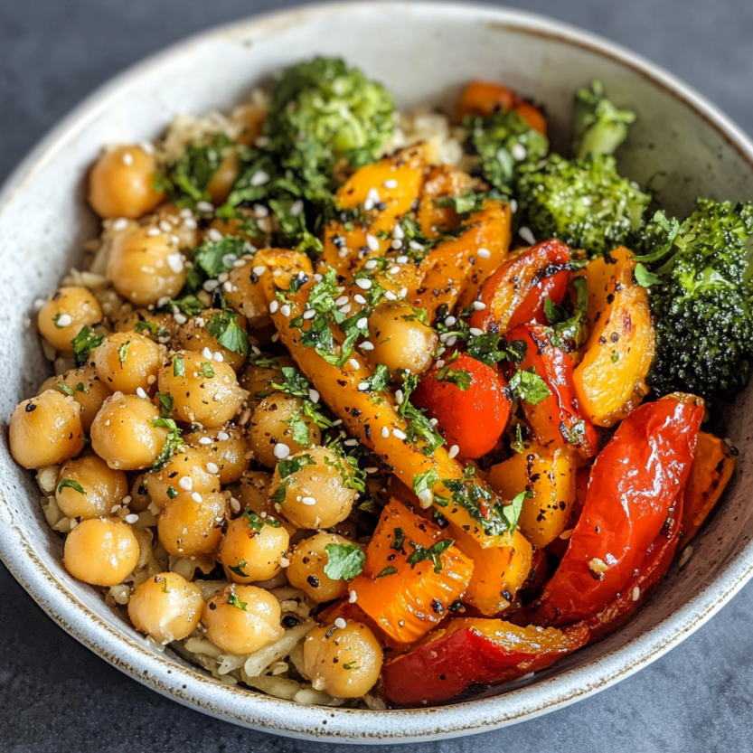 Un bol contenant des légumes grillés et des chickpeas.