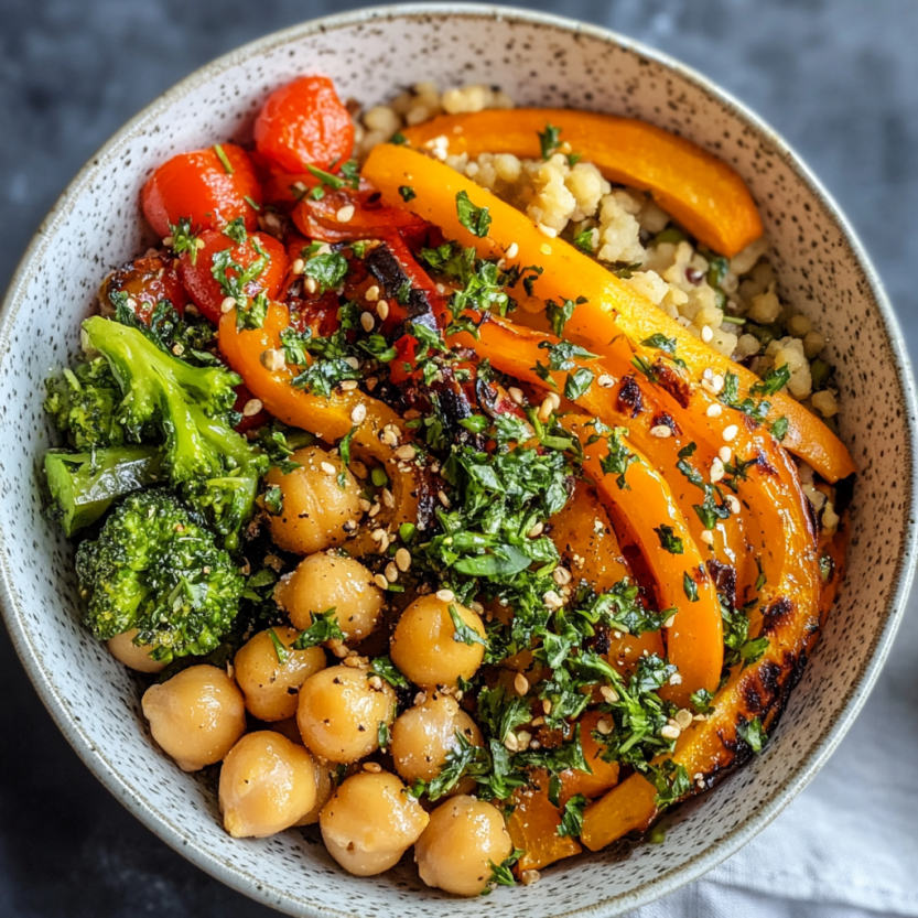 Un bol contenant des légumes grillés et des chickpeas.
