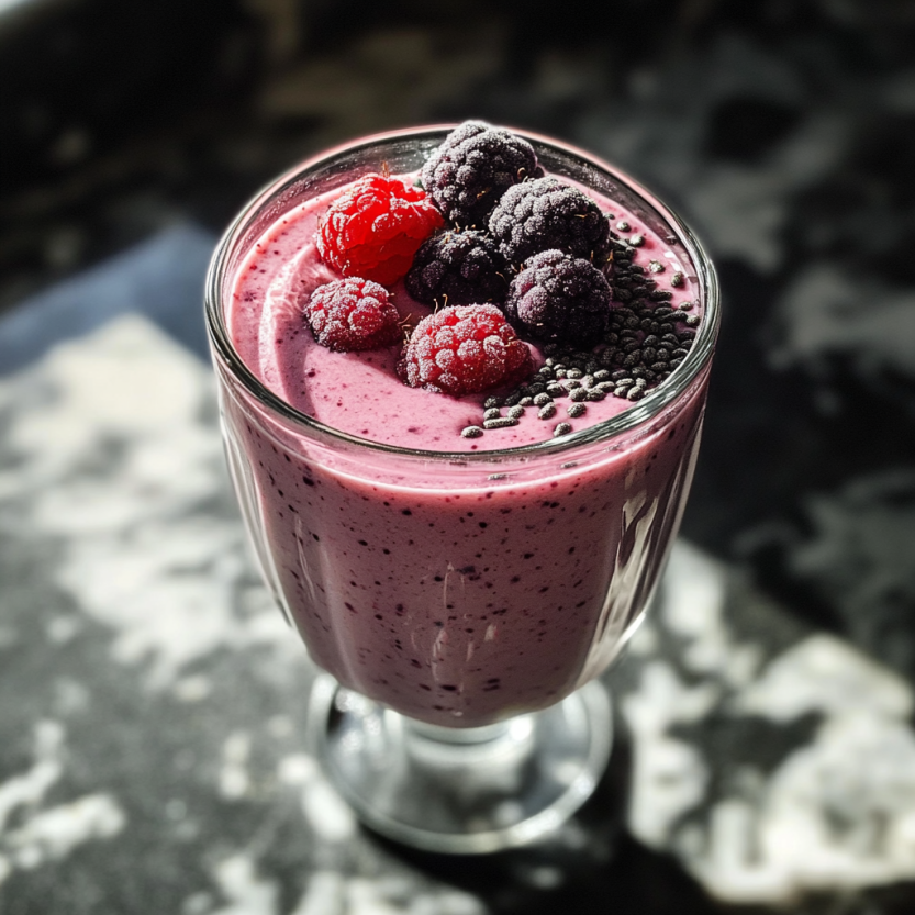 Un verre rempli de smoothie berry greek yogurt.