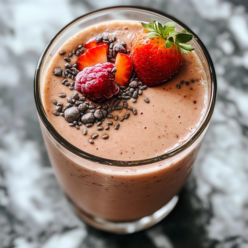 Un verre rempli de smoothie avec des fruits et des graines.