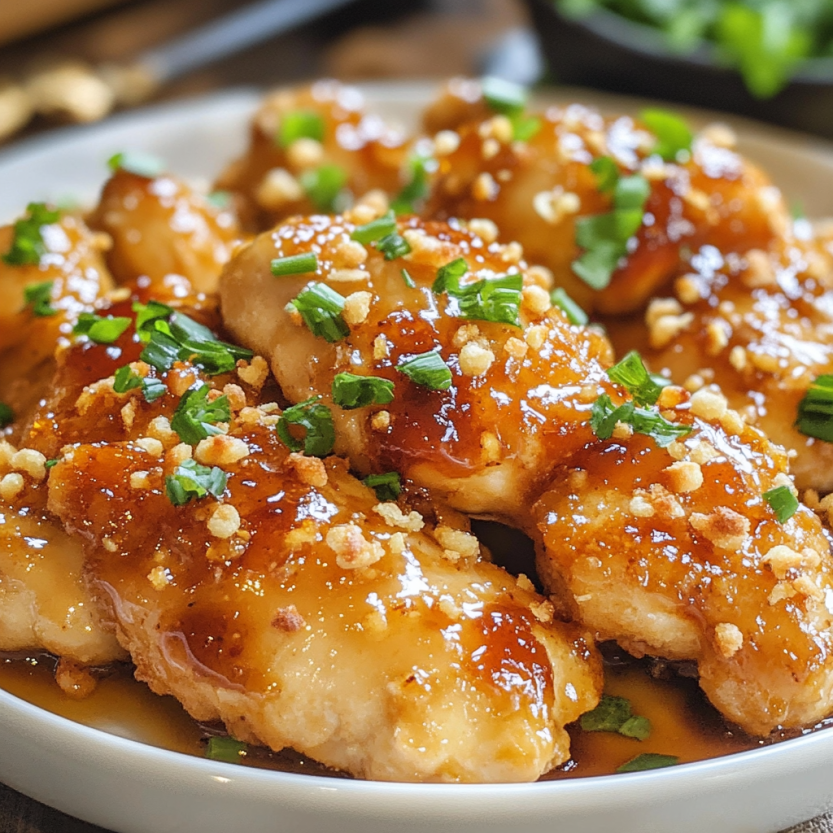 Une assiette de poulet grillé avec une sauce de miel et de graines de sésame.