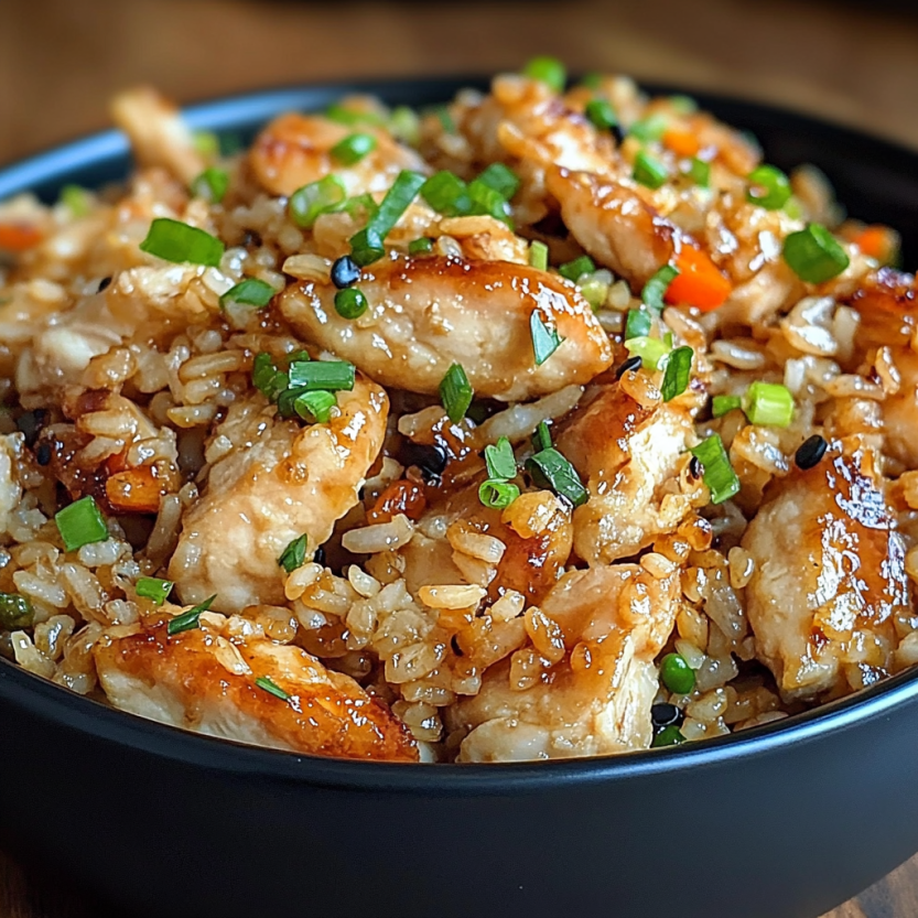Un plat de fried rice avec des légumes verts et des morceaux de poulet.