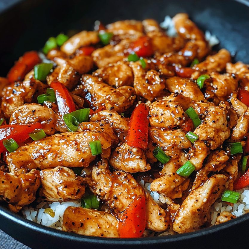 Une assiette de nourriture noire contenant des morceaux de poulet et des légumes verts.