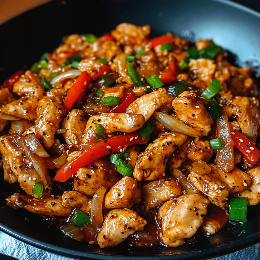 Une assiette de nourriture noire de poulet avec des pépins et des épices.