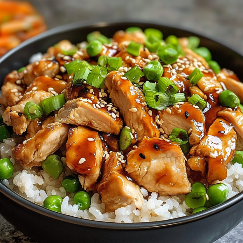 Un bol de riz avec des légumes verts et des morceaux de poulet teriyaki.