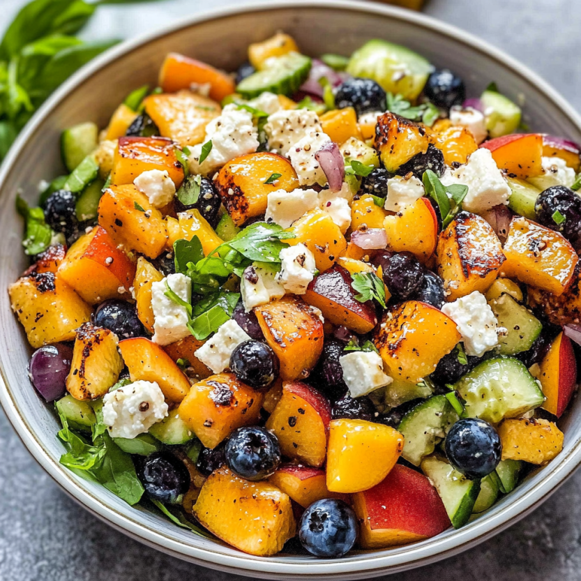 Une salade de fruits composée de poires, de cerises, de feta et de menthe.