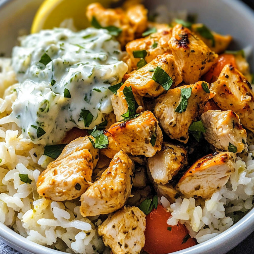 Une assiette de riz avec des légumes et des chicken grillés.