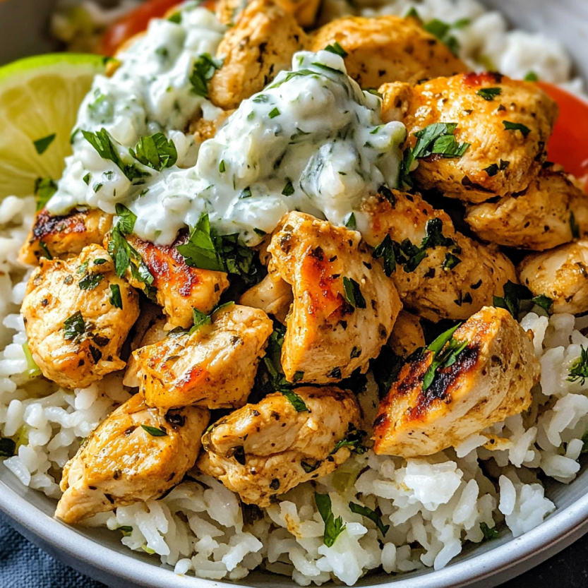Une assiette de riz avec des chicken tzatziki et des légumes verts.