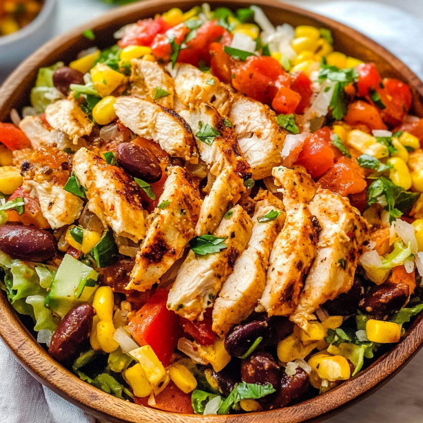 Une salade de poulet et de légumes, avec des tomates, des avocats, des poivrons, des haricots verts et des cornichons.