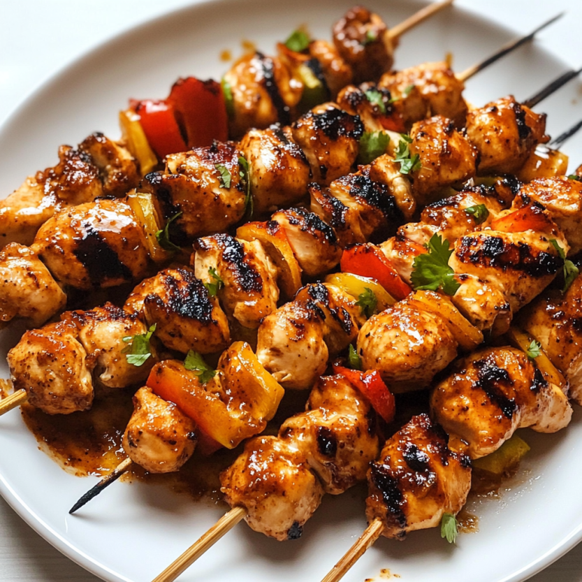 Chipotle honey chicken skewers on a white plate.