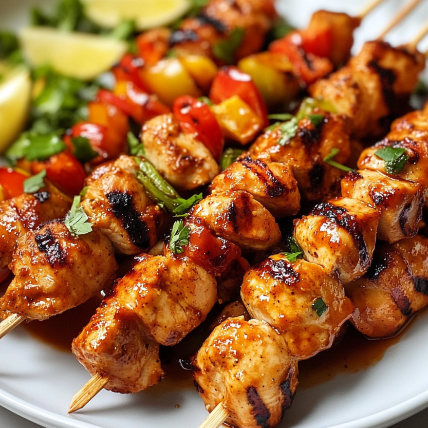 Chipotle honey chicken skewers with a side of lemon.