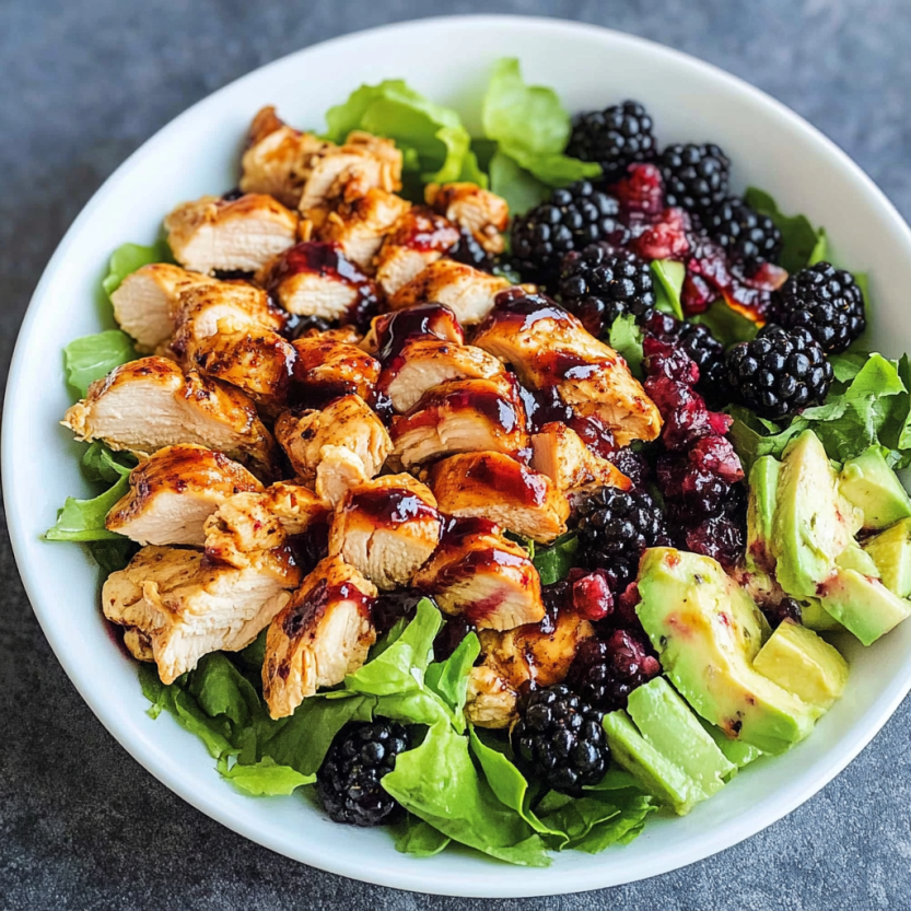 A bowl of chicken salad with blackberries.