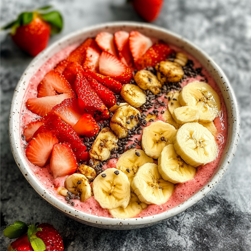 A bowl of strawberry banana smoothie.