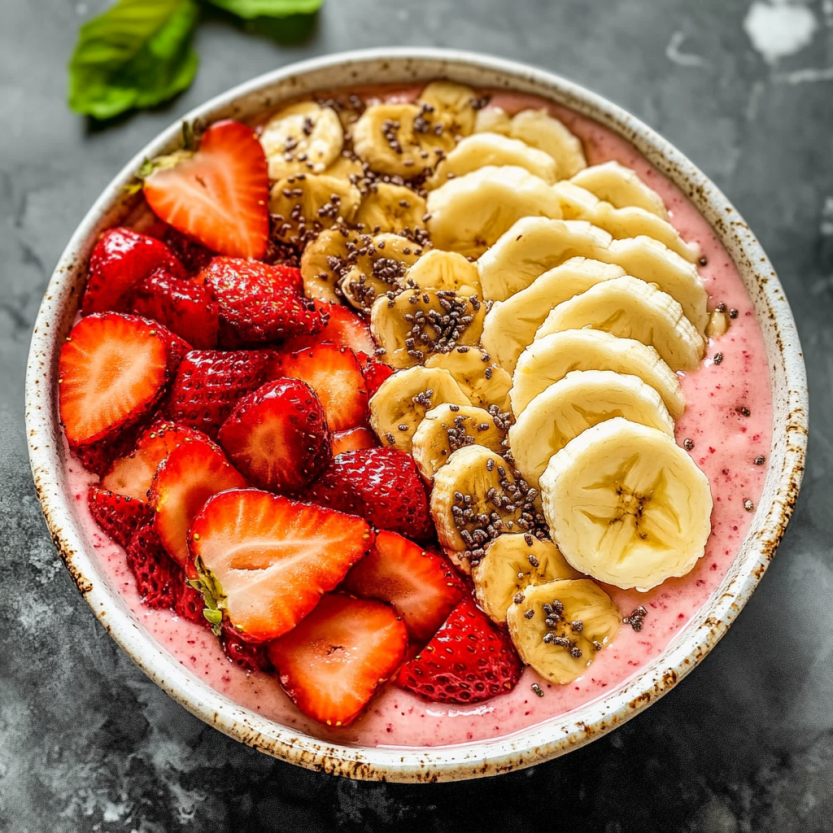 A bowl of strawberry banana smoothie.