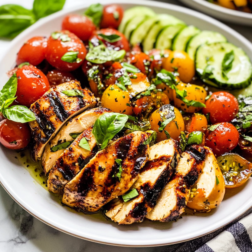 A plate of grilled chicken caprese with tomatoes and basil.