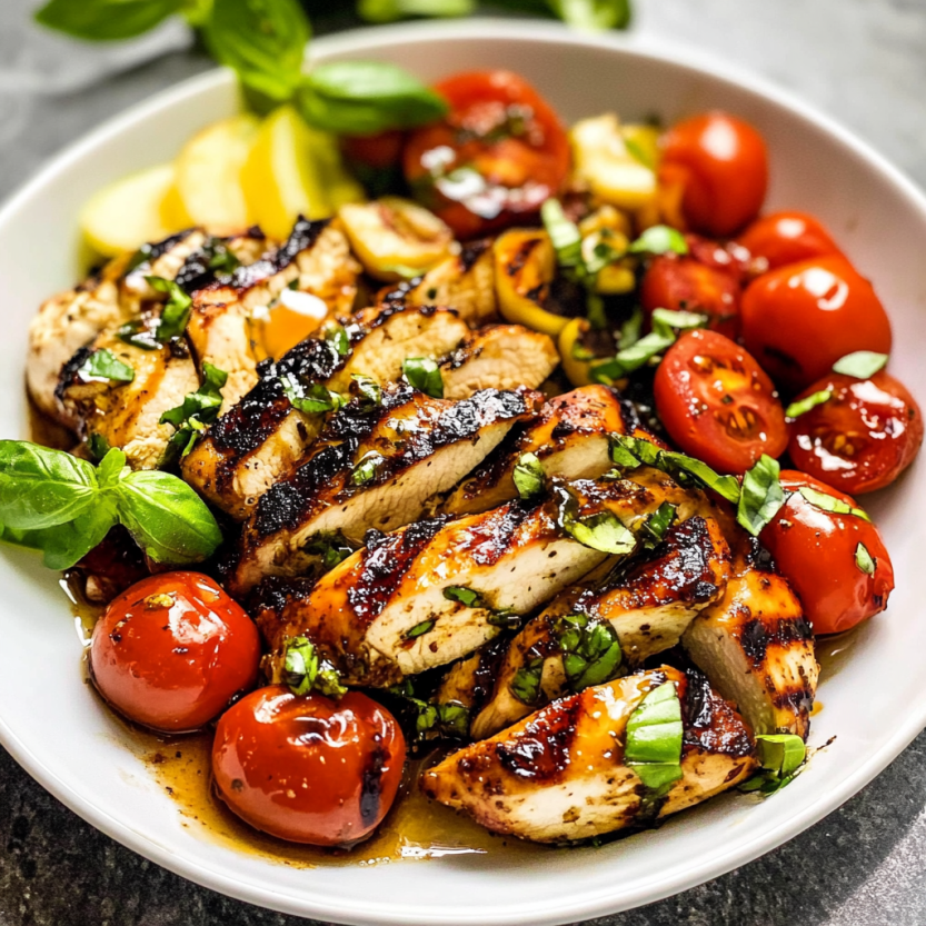 A bowl of grilled chicken caprese.